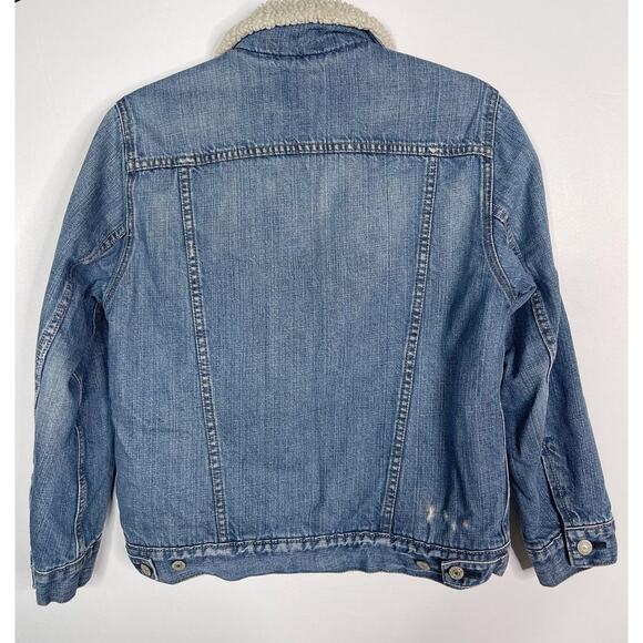 Levis Womens M Blue Sherpa Denim Trucker Jean Jacket Cream Cotton Button Front - Picture 2 of 9